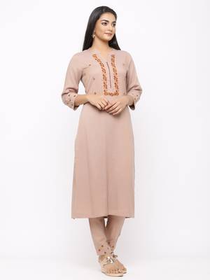 Women's  Beige Rayon Slub Embroidered Straight Kurta Pant Set 5
