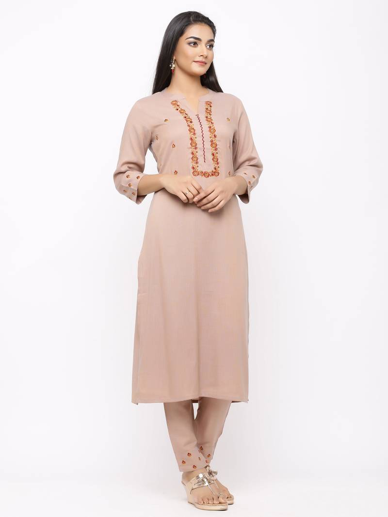 Women's  Beige Rayon Slub Embroidered Straight Kurta Pant Set