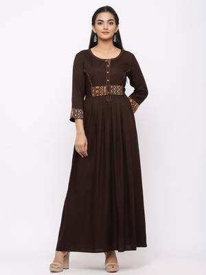 Women's Brown Rayon Printed Anarkali Long Dress 1