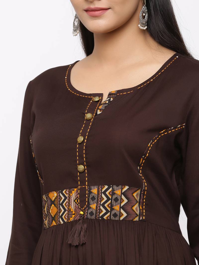 Women's Brown Rayon Printed Anarkali Long Dress