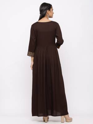Women's Brown Rayon Printed Anarkali Long Dress 3