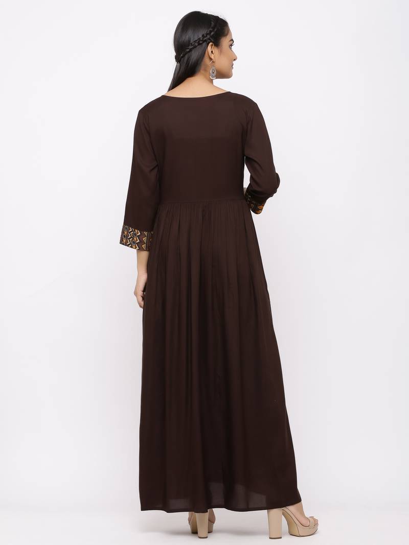 Women's Brown Rayon Printed Anarkali Long Dress