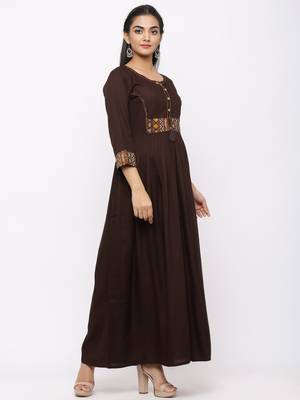 Women's Brown Rayon Printed Anarkali Long Dress 4