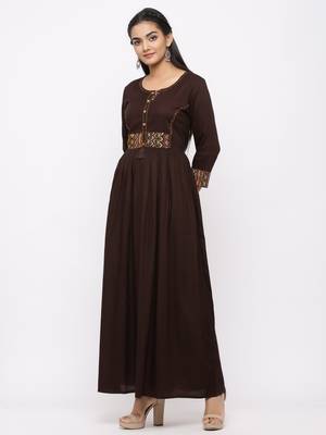 Women's Brown Rayon Printed Anarkali Long Dress 5