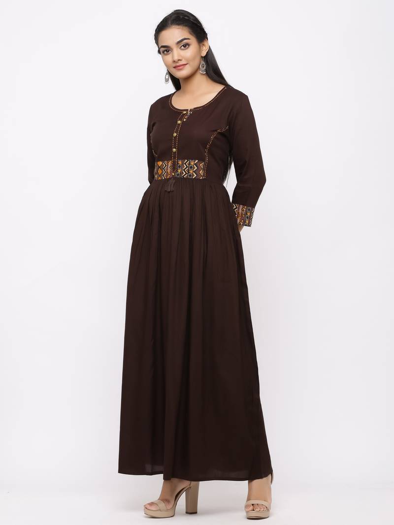 Women's Brown Rayon Printed Anarkali Long Dress