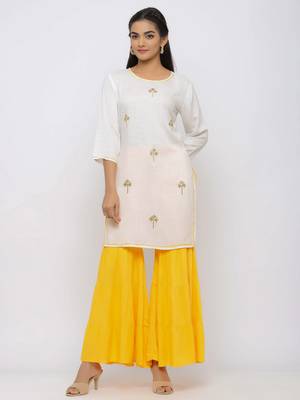 Women's  White Rayon Slub Embroidered Straight Kurta Sharara Set 1