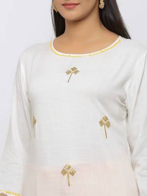 Women's  White Rayon Slub Embroidered Straight Kurta Sharara Set 2