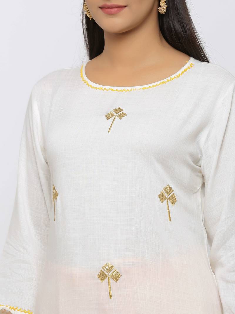 Women's  White Rayon Slub Embroidered Straight Kurta Sharara Set