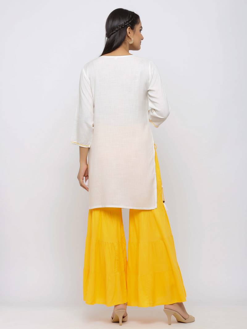 Women's  White Rayon Slub Embroidered Straight Kurta Sharara Set