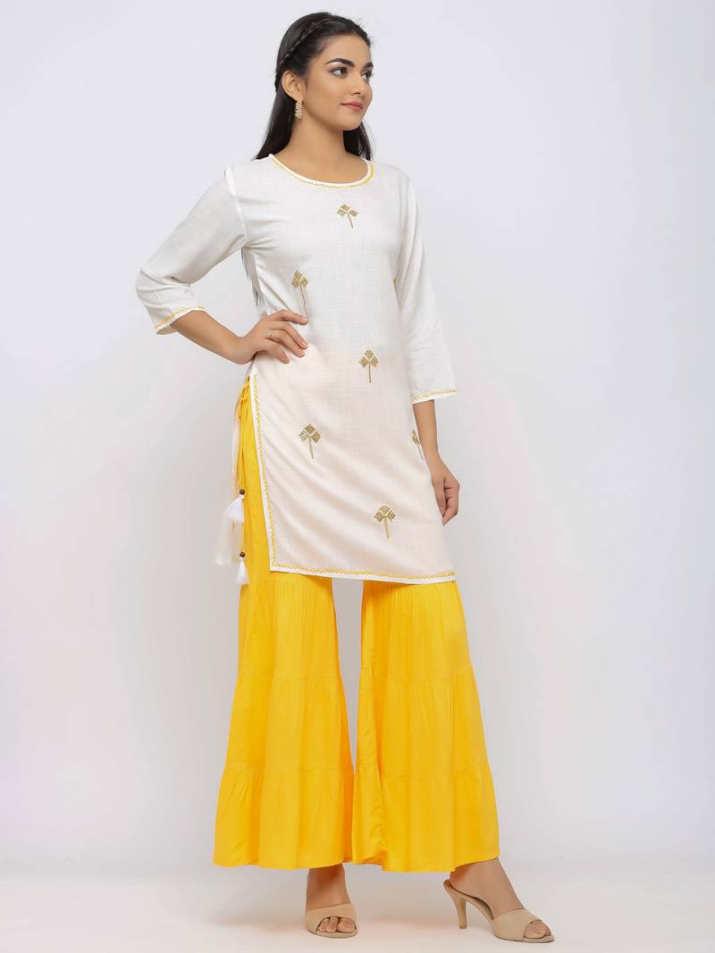 Women's  White Rayon Slub Embroidered Straight Kurta Sharara Set
