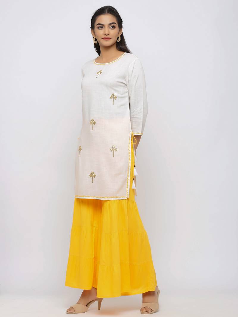 Women's  White Rayon Slub Embroidered Straight Kurta Sharara Set
