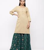 Women's  Beige Rayon Slub Embroidered Straight Kurta Sharara Set
