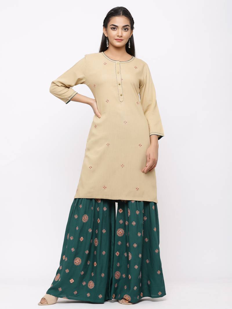 Women's  Beige Rayon Slub Embroidered Straight Kurta Sharara Set