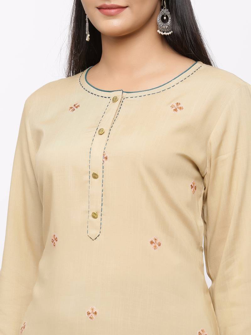 Women's  Beige Rayon Slub Embroidered Straight Kurta Sharara Set