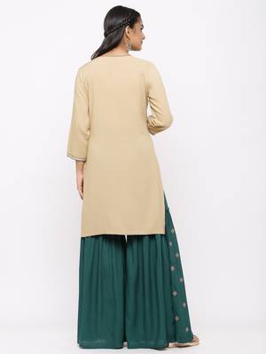 Women's  Beige Rayon Slub Embroidered Straight Kurta Sharara Set 3