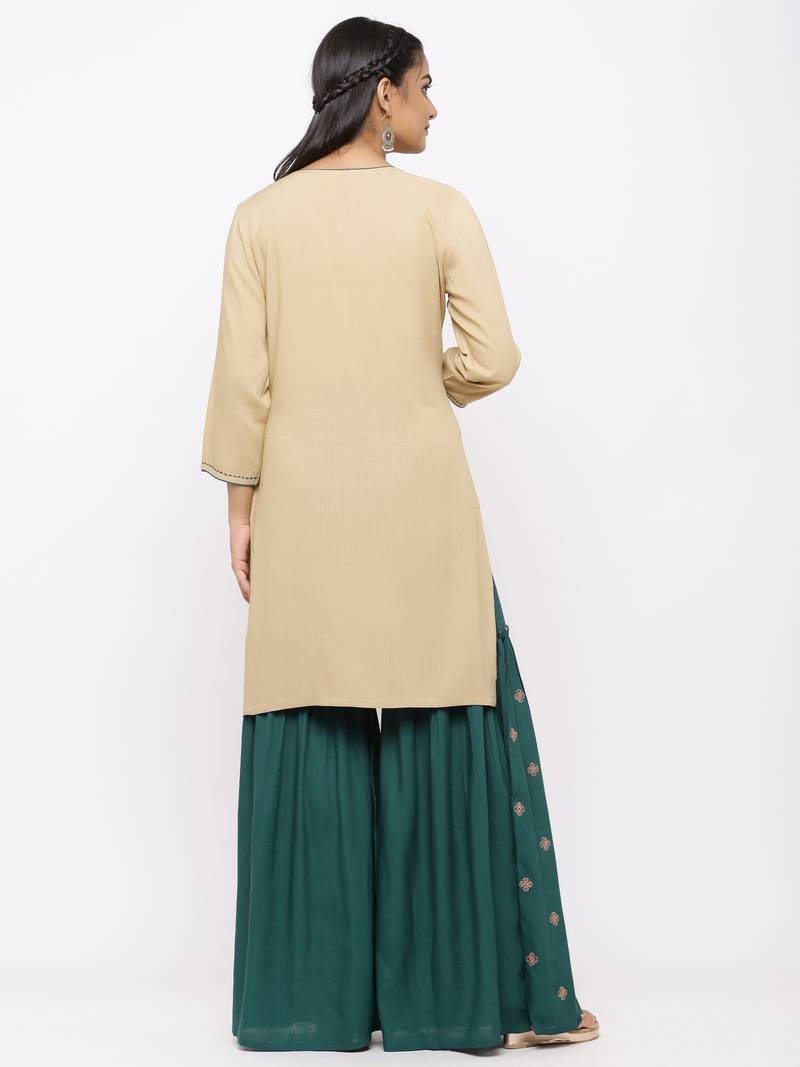 Women's  Beige Rayon Slub Embroidered Straight Kurta Sharara Set