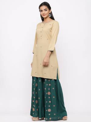 Women's  Beige Rayon Slub Embroidered Straight Kurta Sharara Set 4