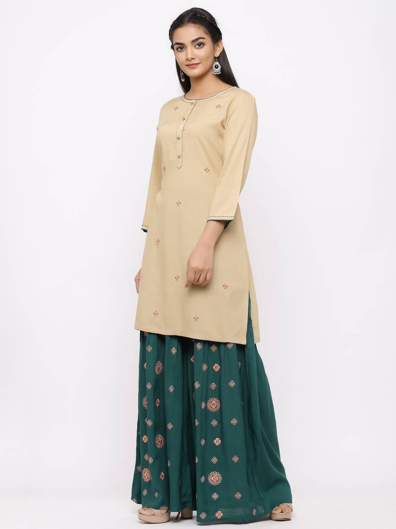 Women's  Beige Rayon Slub Embroidered Straight Kurta Sharara Set
