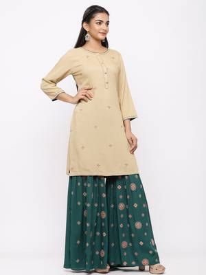 Women's  Beige Rayon Slub Embroidered Straight Kurta Sharara Set 5