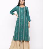 Women's  Teal Green Rayon Slub Embroidered Straight Kurta Sharara Set