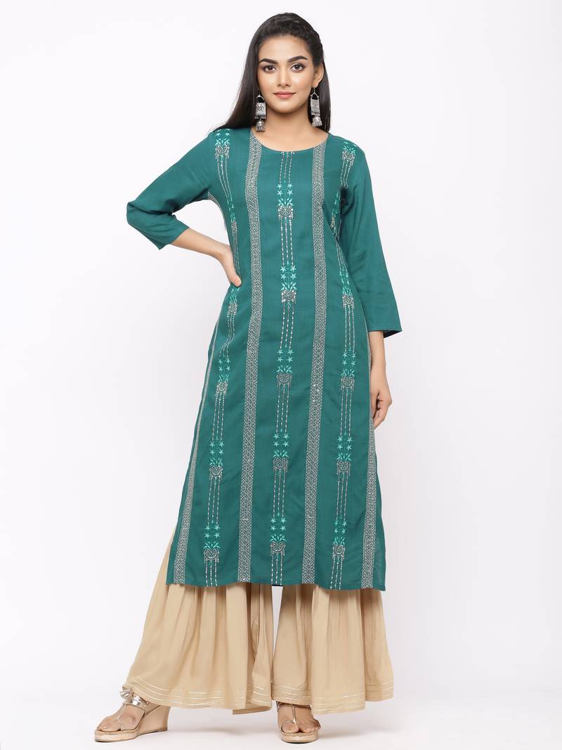 Women's  Teal Green Rayon Slub Embroidered Straight Kurta Sharara Set
