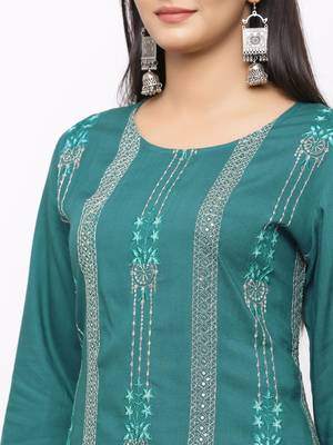 Women's  Teal Green Rayon Slub Embroidered Straight Kurta Sharara Set 2