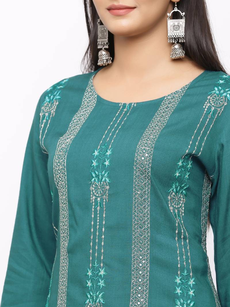Women's  Teal Green Rayon Slub Embroidered Straight Kurta Sharara Set