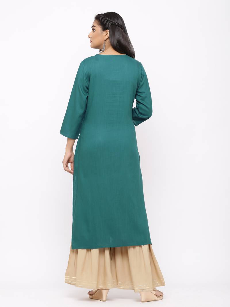 Women's  Teal Green Rayon Slub Embroidered Straight Kurta Sharara Set