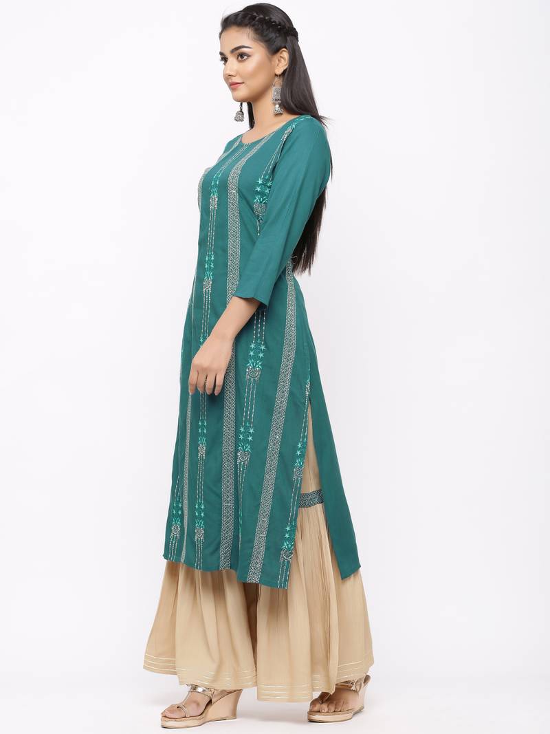 Women's  Teal Green Rayon Slub Embroidered Straight Kurta Sharara Set