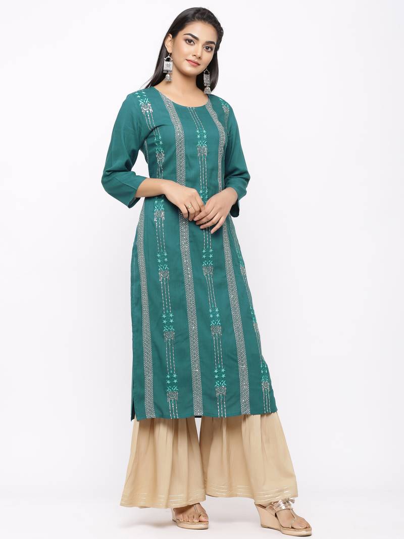 Women's  Teal Green Rayon Slub Embroidered Straight Kurta Sharara Set