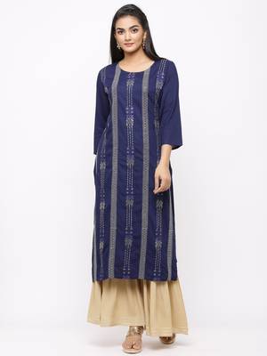 Women's  Navy Blue Rayon Slub Embroidered Straight Kurta Sharara Set 1