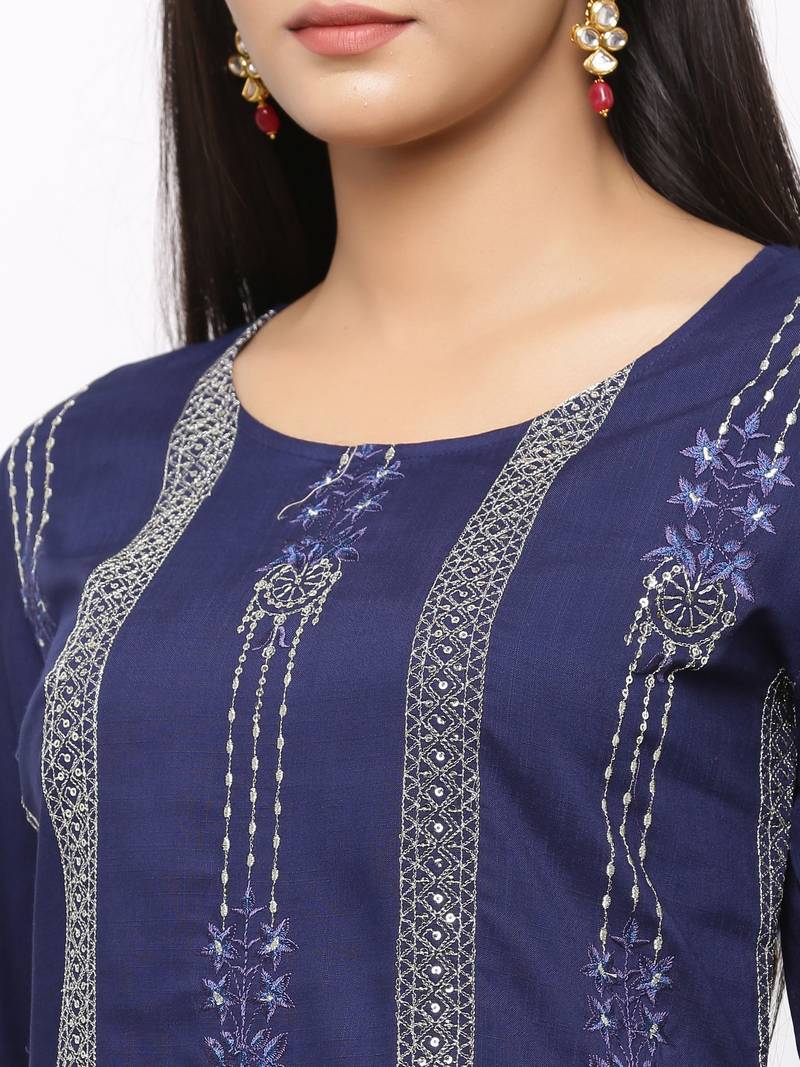 Women's  Navy Blue Rayon Slub Embroidered Straight Kurta Sharara Set