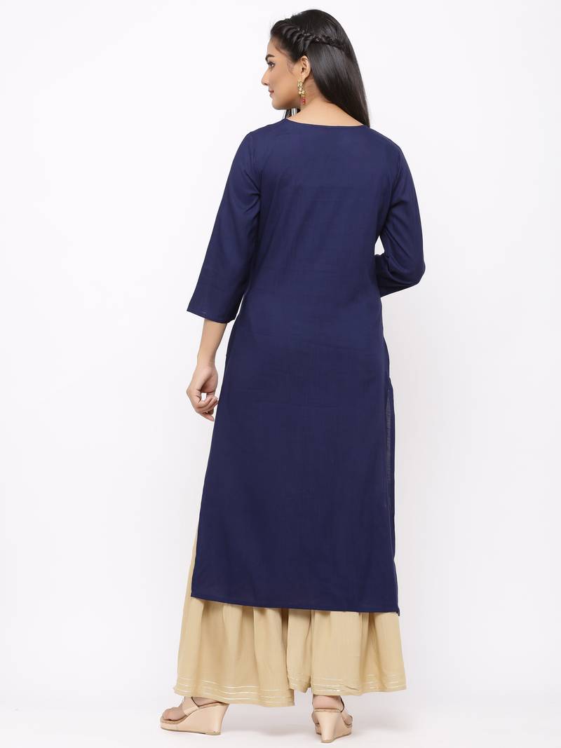Women's  Navy Blue Rayon Slub Embroidered Straight Kurta Sharara Set