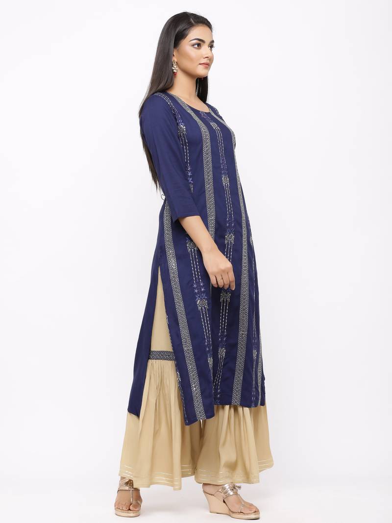 Women's  Navy Blue Rayon Slub Embroidered Straight Kurta Sharara Set