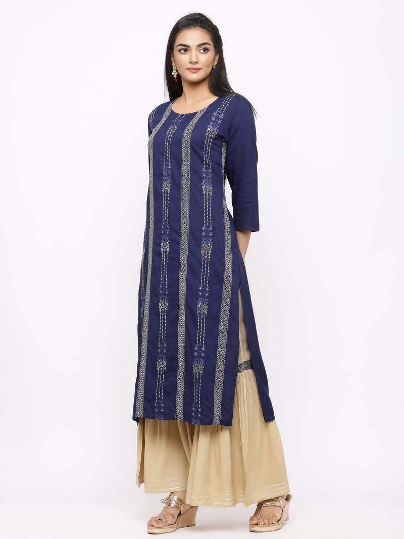 Women's  Navy Blue Rayon Slub Embroidered Straight Kurta Sharara Set