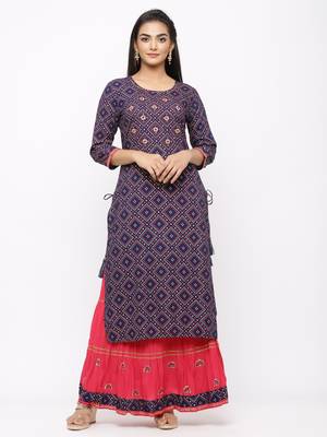 Women's  Navy Blue Rayon Slub & Cotton Print Straight Kurta Skirt Set 1