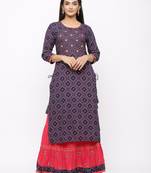 Women's  Navy Blue Rayon Slub & Cotton Print Straight Kurta Skirt Set