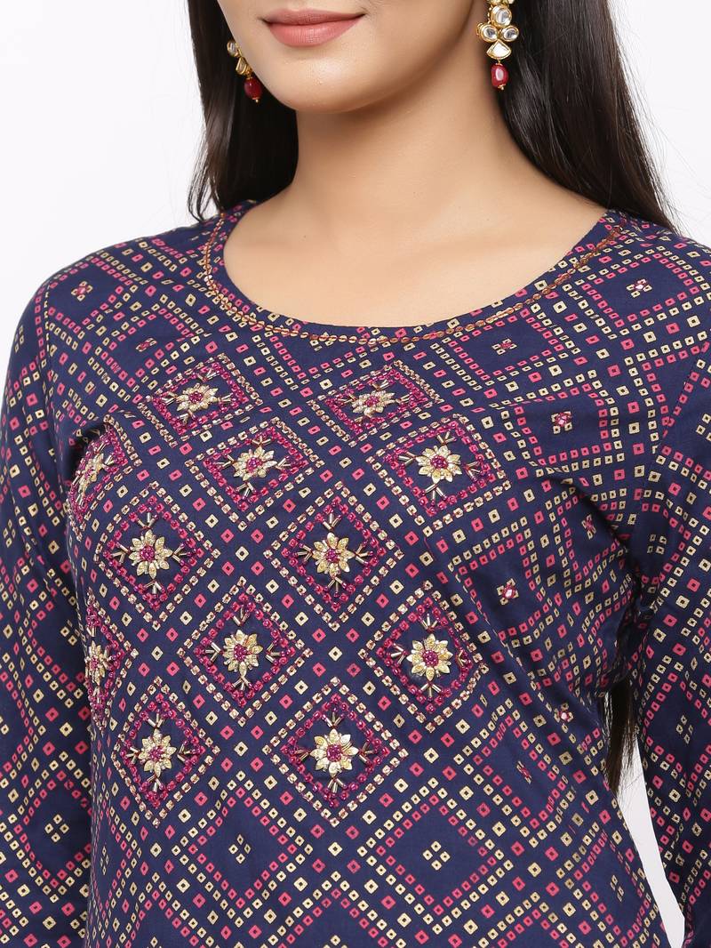 Women's  Navy Blue Rayon Slub & Cotton Print Straight Kurta Skirt Set