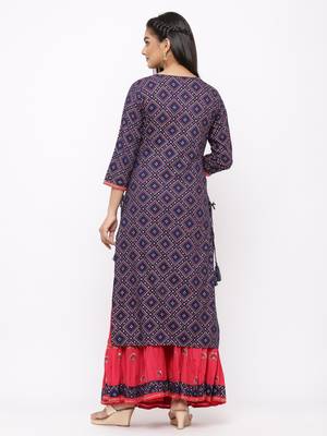 Women's  Navy Blue Rayon Slub & Cotton Print Straight Kurta Skirt Set 3