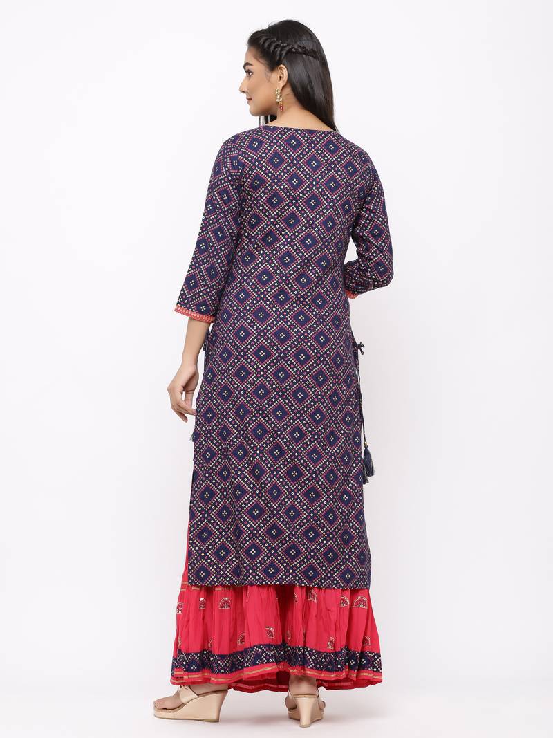 Women's  Navy Blue Rayon Slub & Cotton Print Straight Kurta Skirt Set