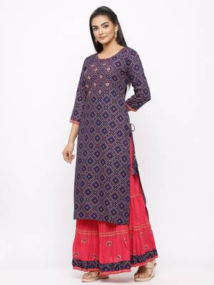 Women's  Navy Blue Rayon Slub & Cotton Print Straight Kurta Skirt Set 4