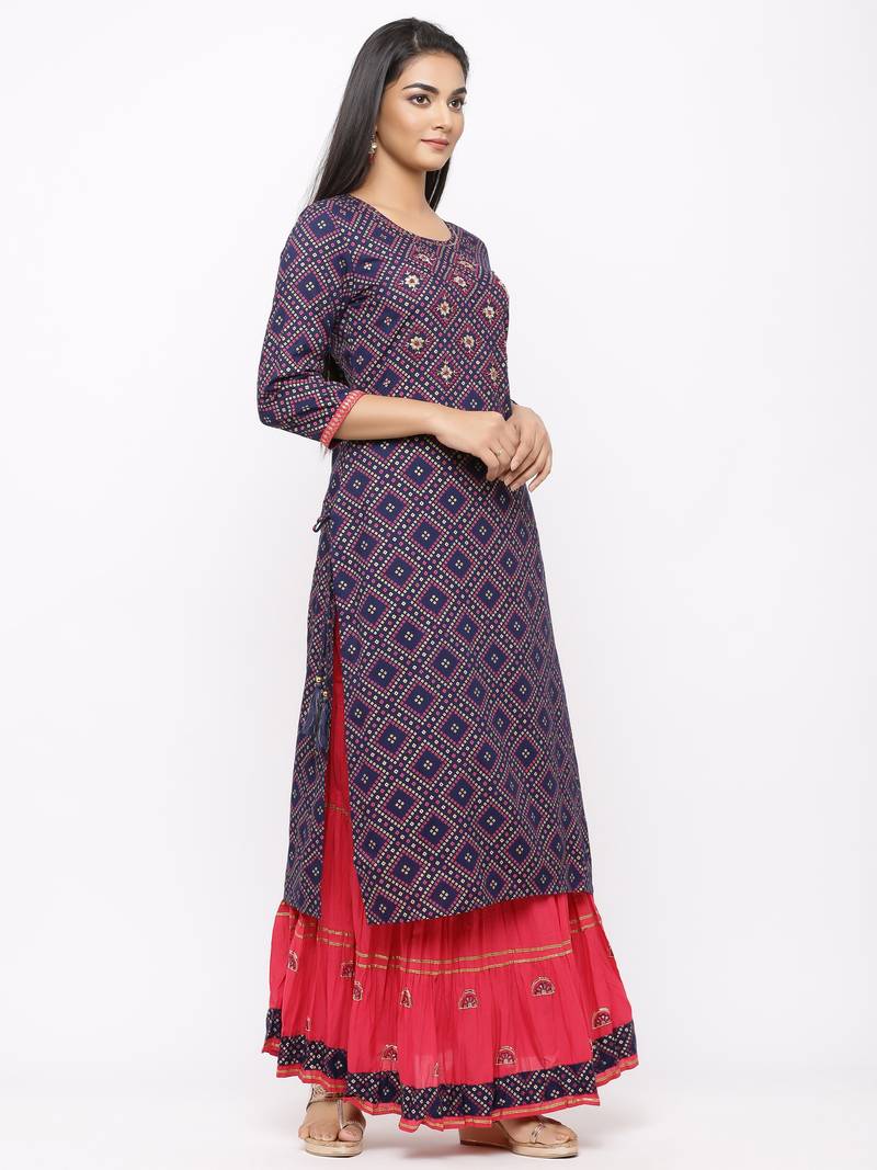 Women's  Navy Blue Rayon Slub & Cotton Print Straight Kurta Skirt Set
