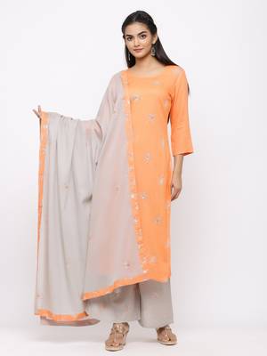 Women's  Orange Rayon Slub, Cotton Embroidered Straight Kurta, Palazzo & Dupatta Set 1