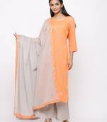 Women's  Orange Rayon Slub, Cotton Embroidered Straight Kurta, Palazzo & Dupatta Set