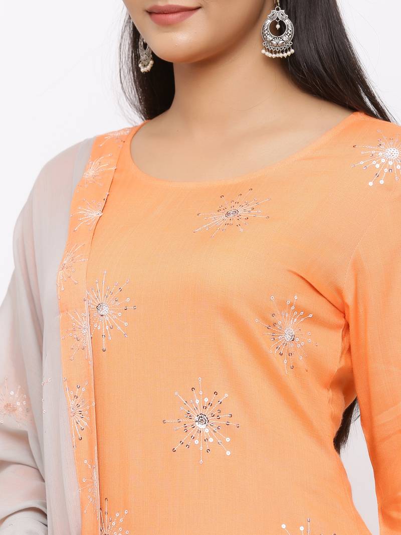 Women's  Orange Rayon Slub, Cotton Embroidered Straight Kurta, Palazzo & Dupatta Set