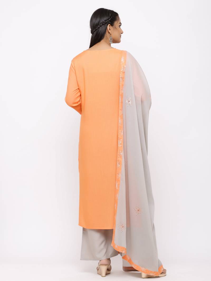 Women's  Orange Rayon Slub, Cotton Embroidered Straight Kurta, Palazzo & Dupatta Set