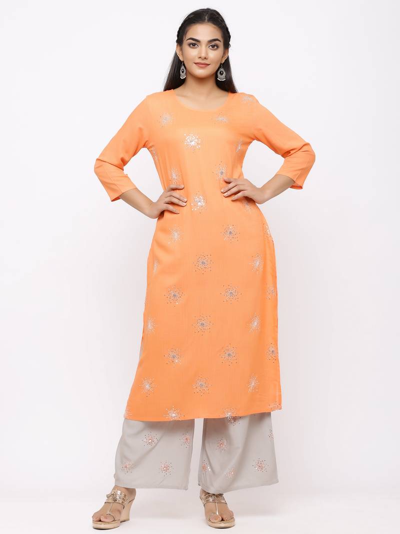 Women's  Orange Rayon Slub, Cotton Embroidered Straight Kurta, Palazzo & Dupatta Set