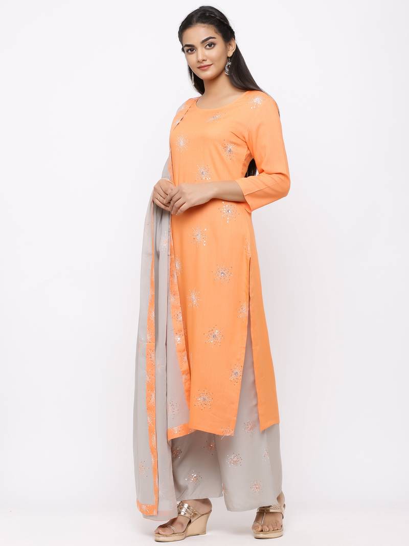 Women's  Orange Rayon Slub, Cotton Embroidered Straight Kurta, Palazzo & Dupatta Set
