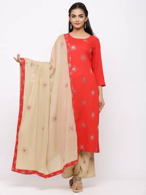 Women's  Red Rayon Slub, Cotton Embroidered Straight Kurta, Palazzo & Dupatta Set 1