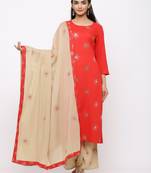 Women's  Red Rayon Slub, Cotton Embroidered Straight Kurta, Palazzo & Dupatta Set
